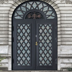 Traditional Wrought Iron Double Front Security Door with Eyebrow Arch Steel Metal Main Entry Door