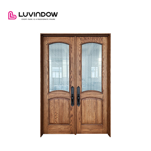 Modern Solid Wood Entry Front Door With Custom Carving And Low-E Double Tempered Glass For Apartment & Exterior Use