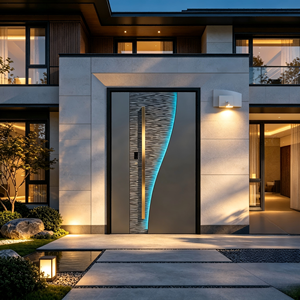 Modern Luxury Entrance Door for Australian Villa 3D Carved Water Wave Pattern Front Door with LED Smart Security Main Entry Door