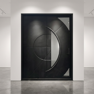 Custom Modern Matte Black Steel Full Height Pivot Door with Geometric Glass Cutouts C Shape Handle for Luxury Home